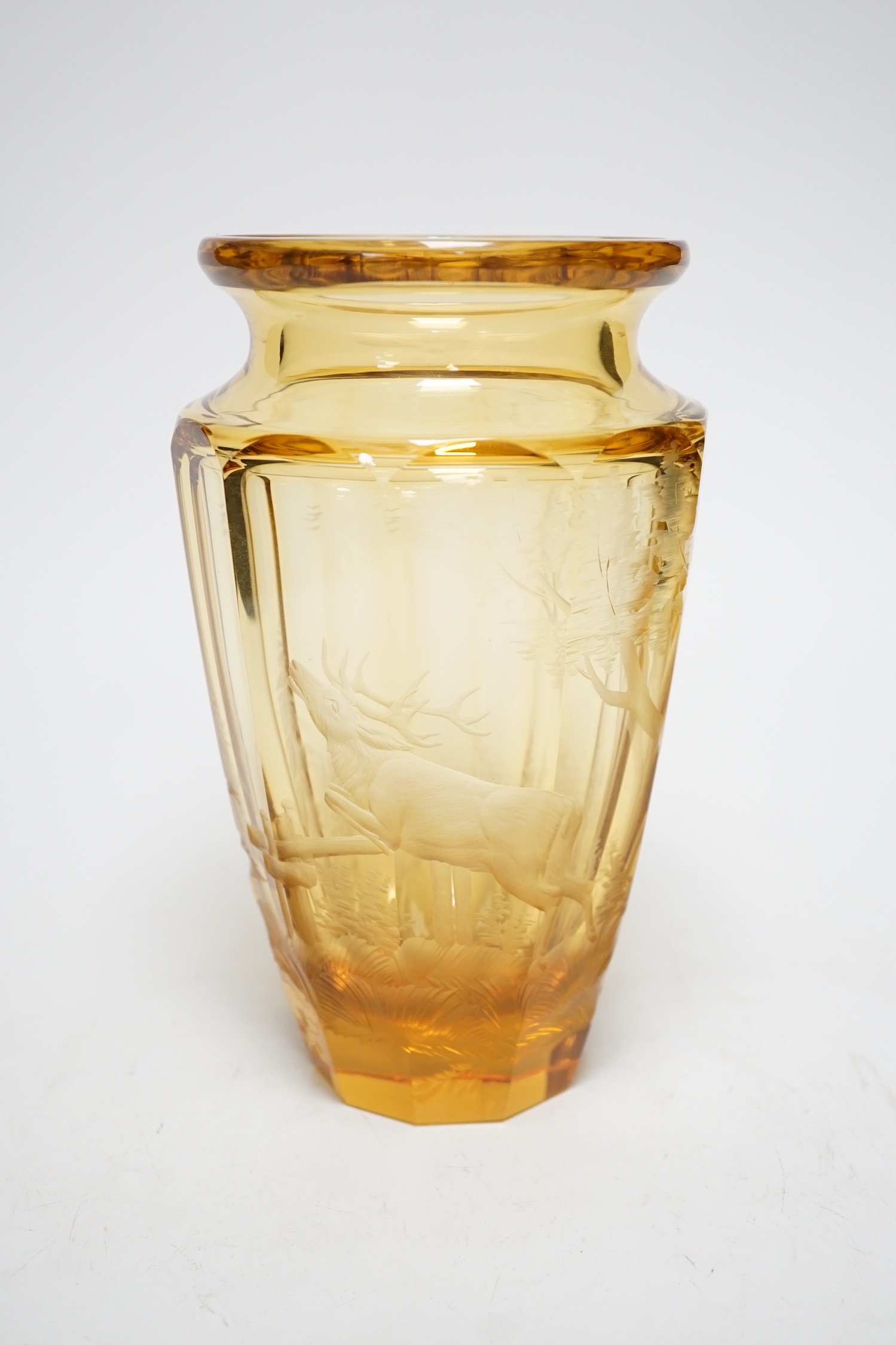 A Moser wheel engraved amber glass vase, 22cm